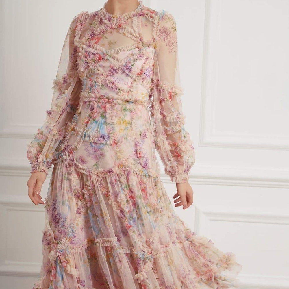Needle & Thread Floral Diamond Ruffle Ballerina Dress NWT
